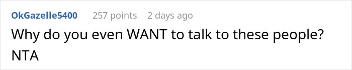 Screenshot of an online comment where a user refuses to engage with cruel parents calling her disrespectful.