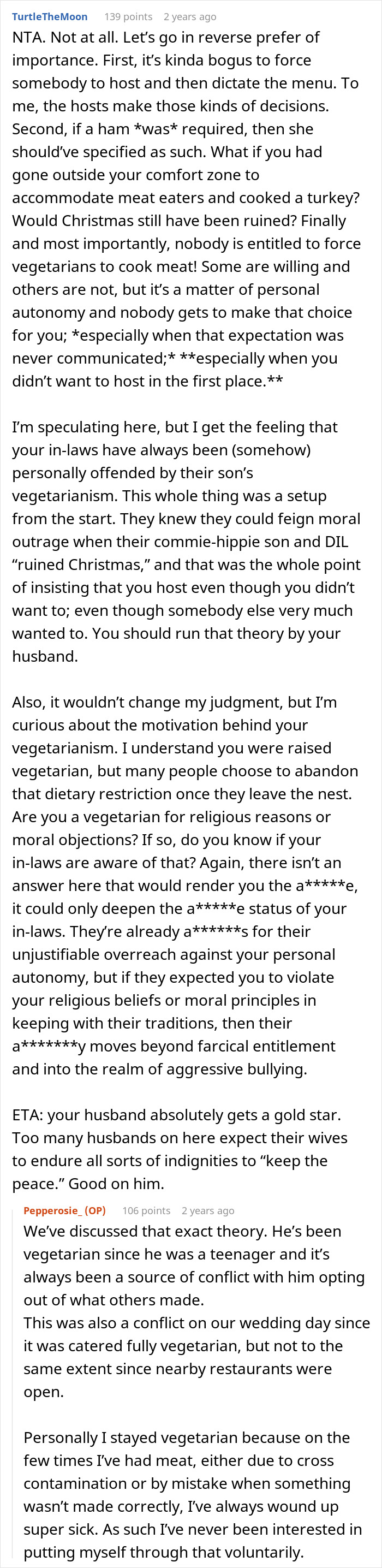 Screenshot of an online discussion about a vegetarian host and family upset over no ham served at Christmas.