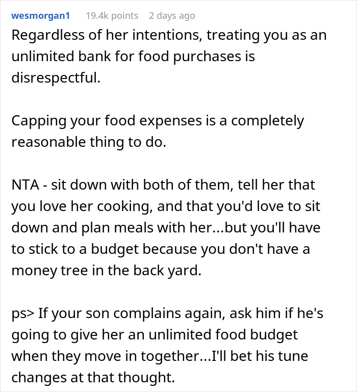 Comment discussing reasonable food budget limits as mom accused of embarrassing son&rsquo;s girlfriend who offered to cook meals.