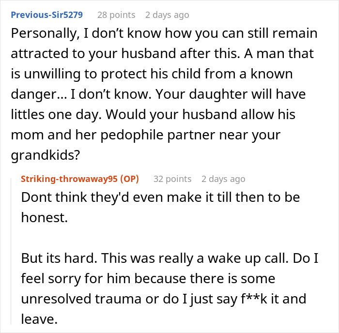 Reddit comments discussing a woman banning her MIL&rsquo;s creepy husband and marriage issues with child safety concerns.