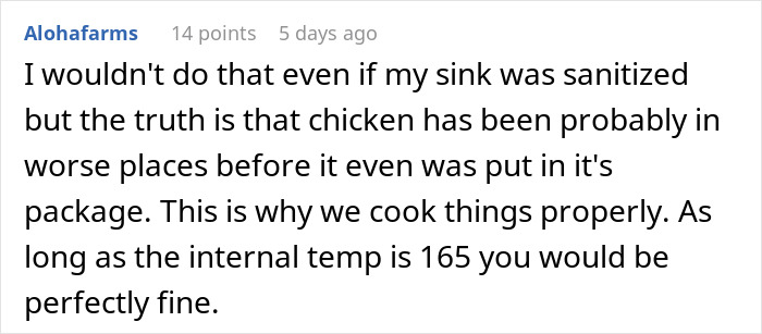 Comment about woman losing appetite after seeing how her mother-in-law prepares chicken, risking sickness.