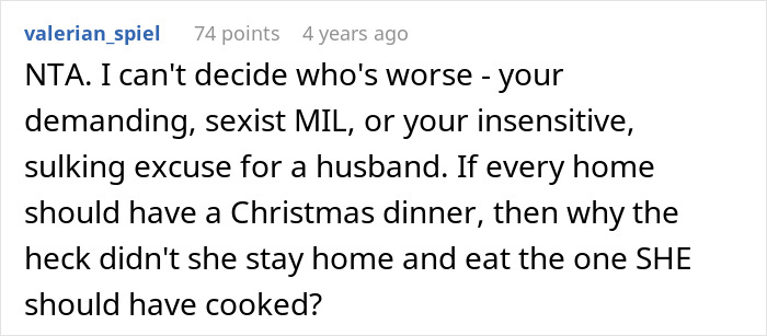 Comment criticizes demanding MIL and insensitive husband after woman reheats pizza leftovers when MIL visits unannounced at Christmas.
