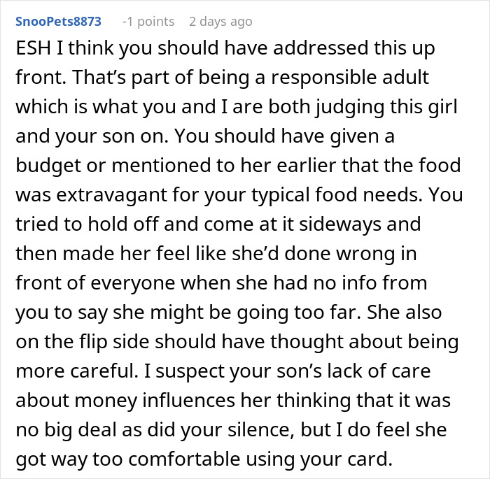 Comment about mom accused of embarrassing son&rsquo;s girlfriend offering to cook meals and discussing food budgeting issues.