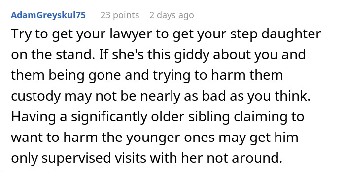Comment suggesting legal action regarding stepdaughter&rsquo;s behavior and custody concerns in a family conflict discussion.