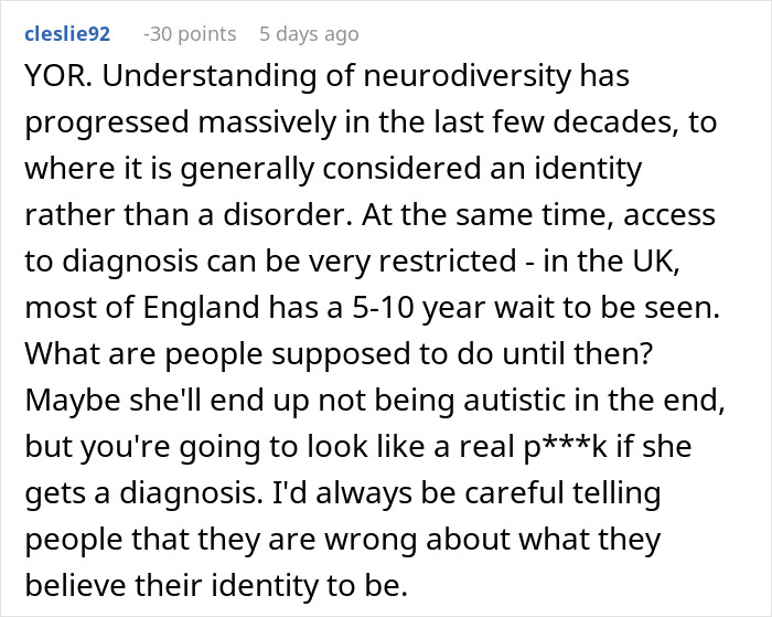 Text post discussing neurodiversity, self-diagnosed autism, and challenges with diagnosis wait times in the UK.
