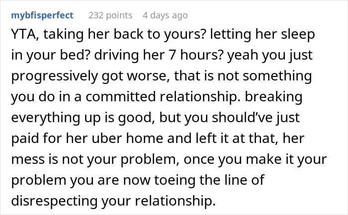 Comment explaining why guy goes above and beyond for his ex girlfriend upsets current partner in a relationship.