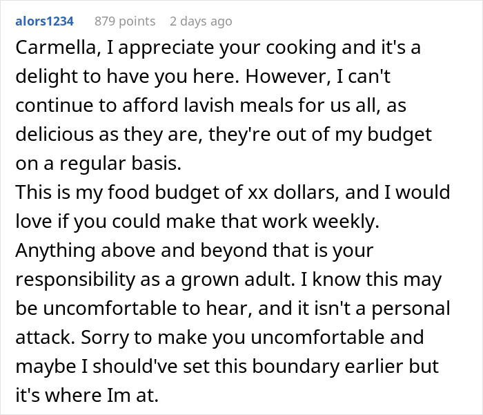 Text of a mom explaining food budget boundaries to son&rsquo;s girlfriend who offered to cook meals for them.