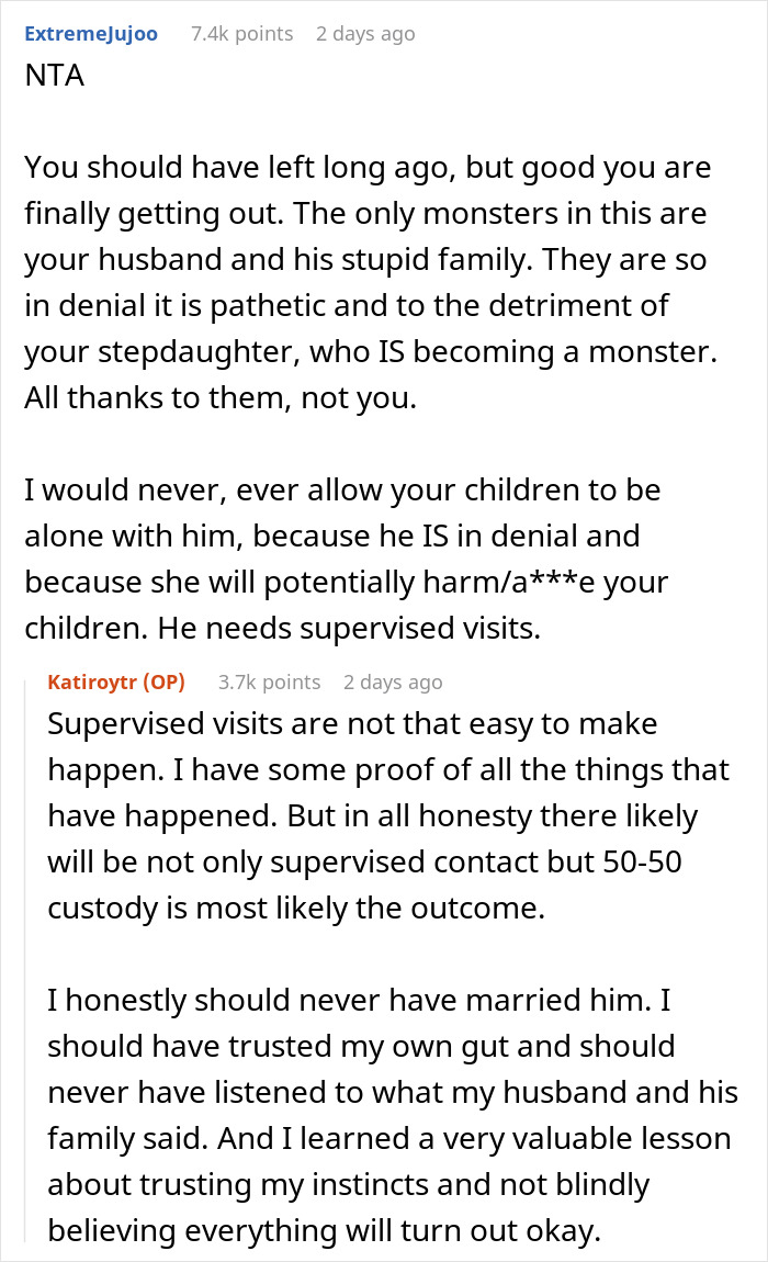 Reddit comments discussing a woman&rsquo;s struggle with stepdaughter&rsquo;s behavior and criticism from in-laws before leaving husband.
