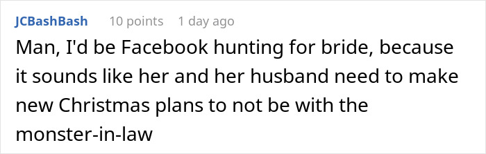 Comment about bride and husband needing new Christmas plans to avoid difficult mother-in-law conflict.
