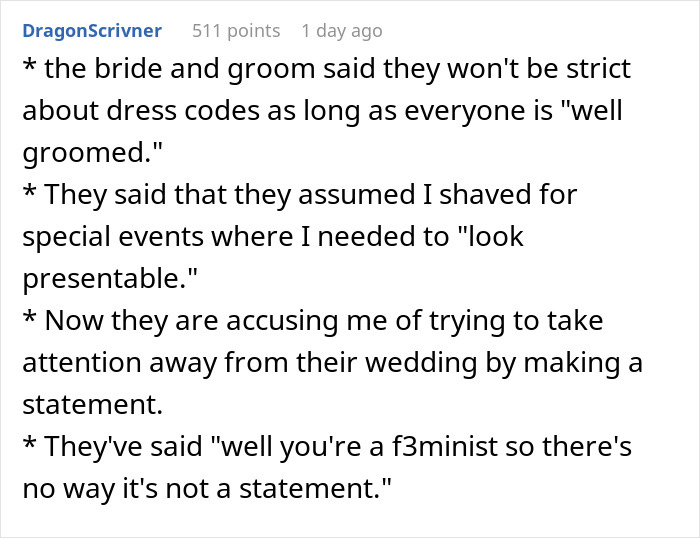 Bride and groom view woman's hairy armpits as personal insult, causing discomfort among wedding guests.