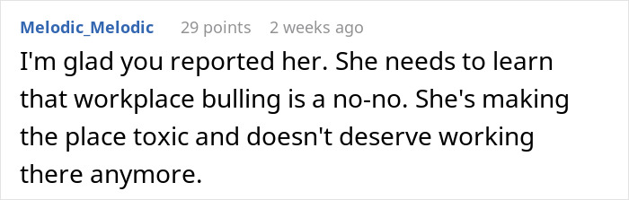 Comment discussing workplace bullying after a woman puts coworker on blast on social media and gets fired. Comment discussing workplace bullying after a woman puts coworker on blast on social media and gets fired.