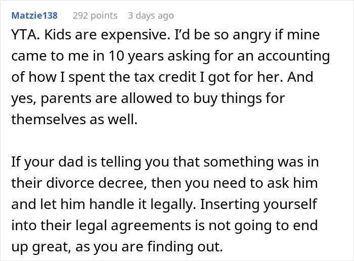 Screenshot of an online comment discussing a teen questioning missing money and parental vague answers.