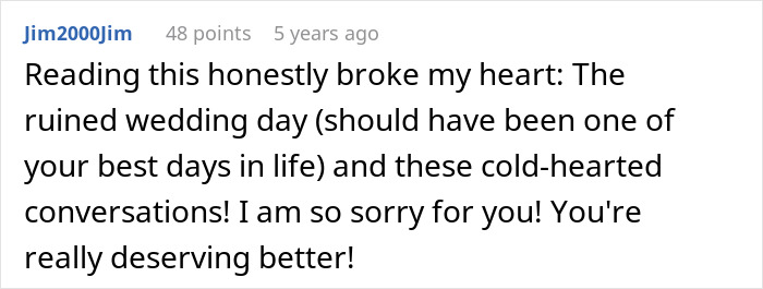 Comment expressing heartbreak over a ruined wedding and a marriage falling apart within two weeks.