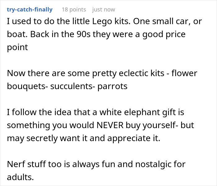 Reddit comment discussing white elephant gifts, mentioning personal views on buying and appreciating such gifts.