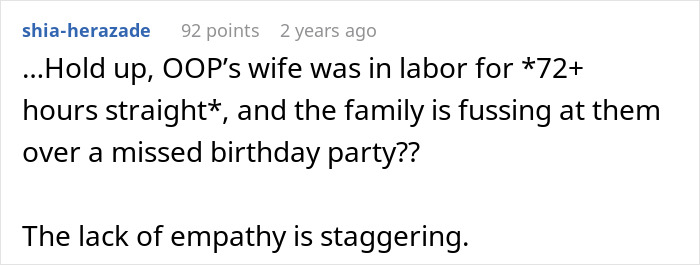 Comment discussing mom raging at son for forgetting birthday and accusing daughter-in-law of timing labor deliberately.