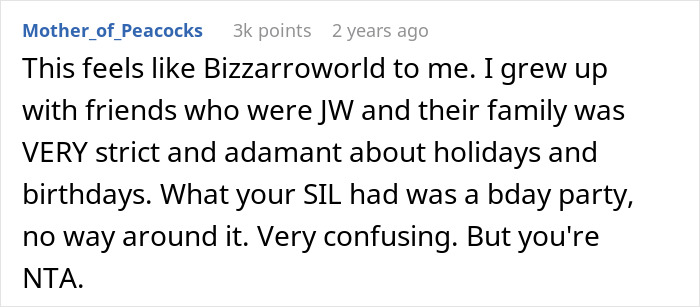 Screenshot of a Reddit comment discussing Jehovah's Witness strictness about birthdays and family reactions.