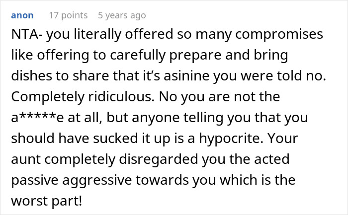 Comment criticizing lack of no vegan options Christmas Eve dinner, describing compromises and passive-aggressive behavior.
