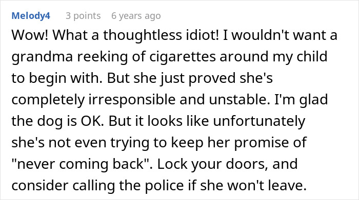 Comment criticizing MIL for poisoning family dog and being verbally aggressive, discussing safety concerns and police involvement.