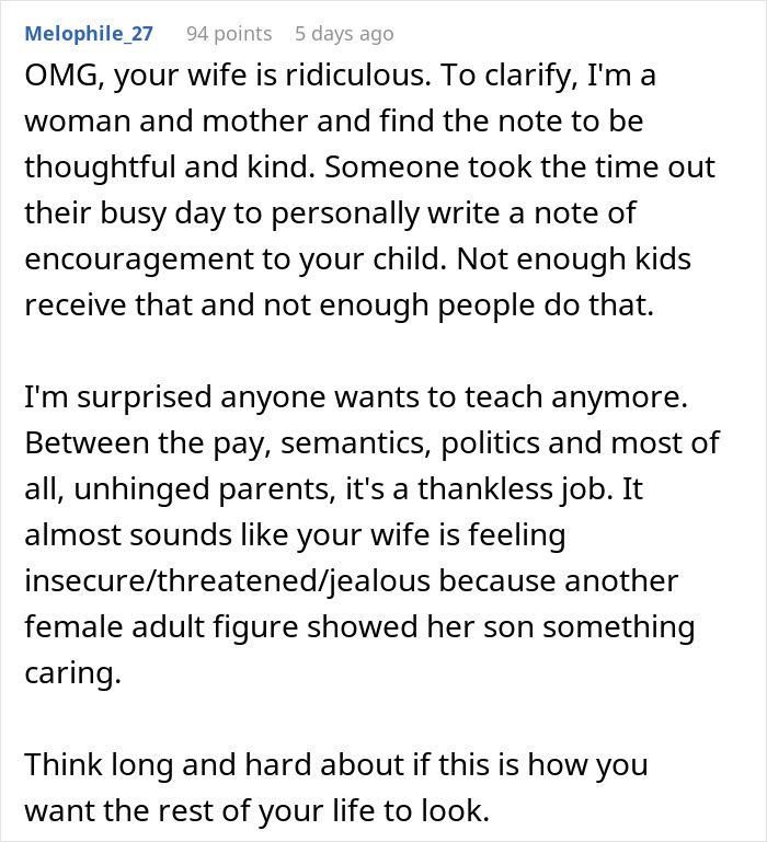 Comment expressing disagreement over mom furious about teacher's inappropriate note to her son, dad thinks she&rsquo;s overreacting.