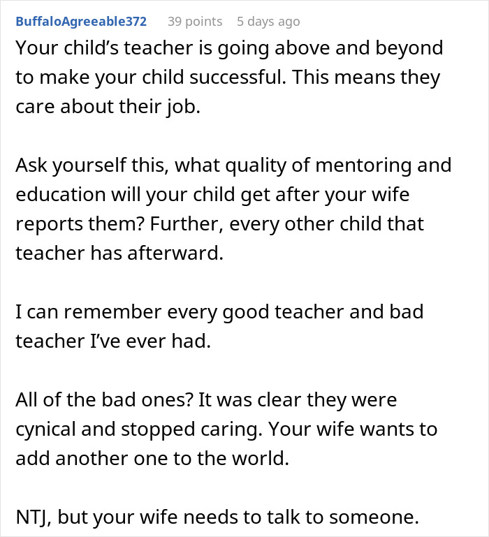 Comment discussing a mom furious over teacher's inappropriate note to her son, dad thinks she&rsquo;s overreacting.