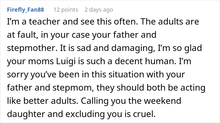 Comment from user Firefly_Fan88 discussing stepmother and father causing insecurity in teen, highlighting family issues and emotional impact.