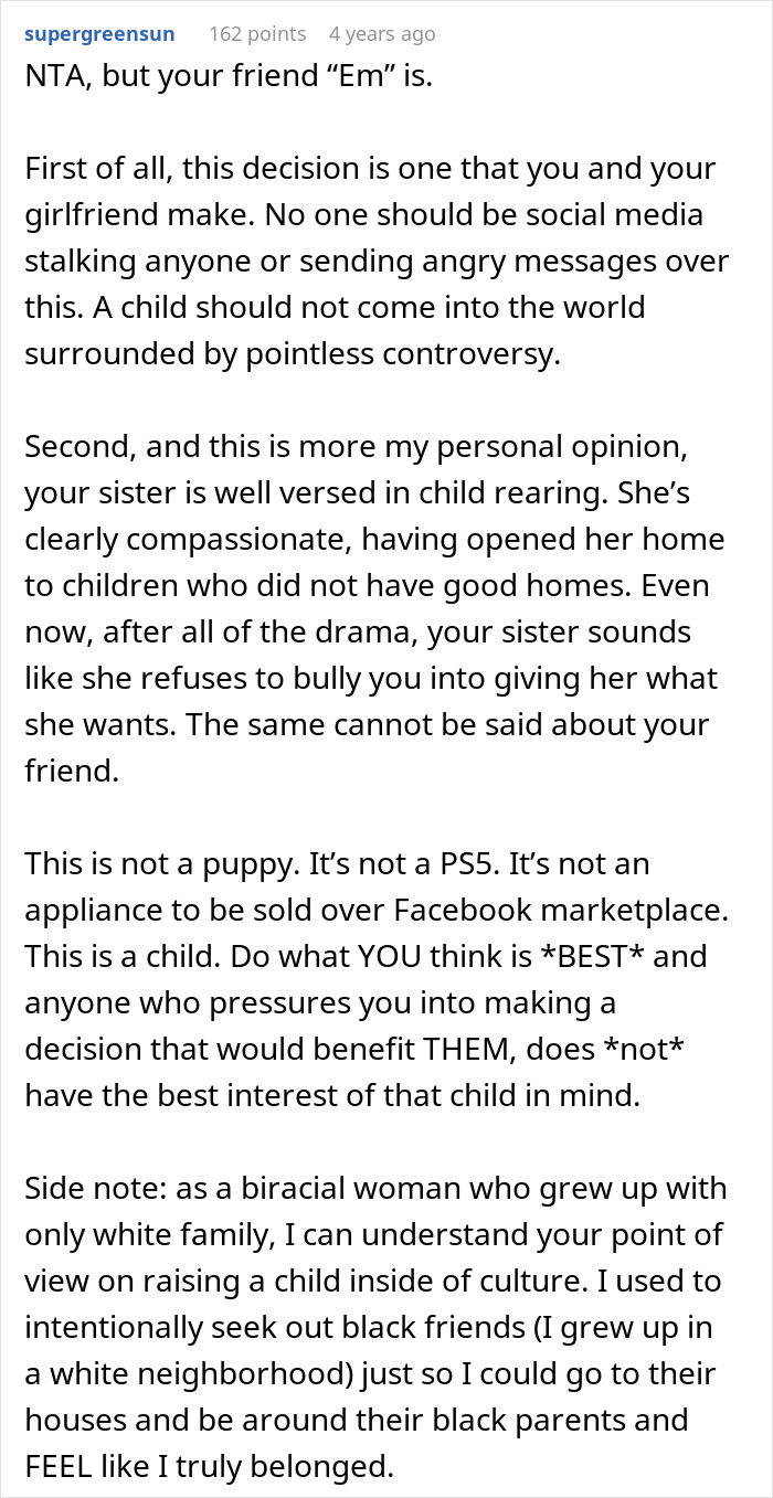 Screenshot of a Reddit comment discussing a racist lady wanting friend&rsquo;s white baby and adoption conflict.