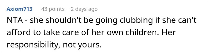 Comment from Reddit user Axiom713 explaining why sister is not responsible for babysitting four kids for free.