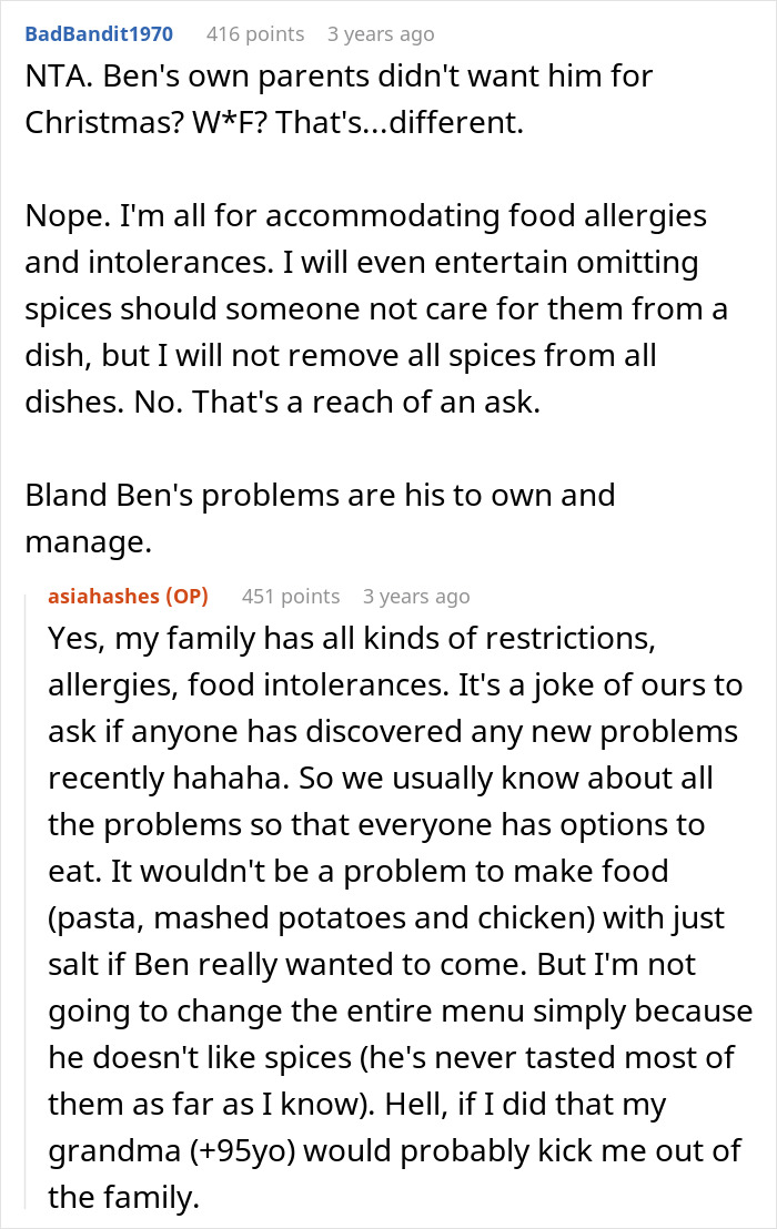 Picky eater demands brother&rsquo;s in-laws change Christmas menu, sparking debate over food allergies and family boundaries.