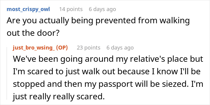 Online forum conversation where a user discusses feeling held hostage at their parents&rsquo; place and fear of leaving.