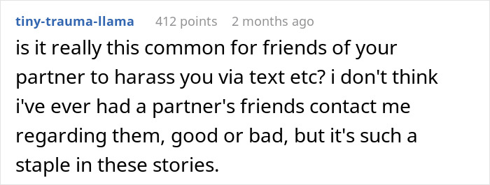 Text post discussing how common it is for friends of a partner to harass their significant other via text messages.