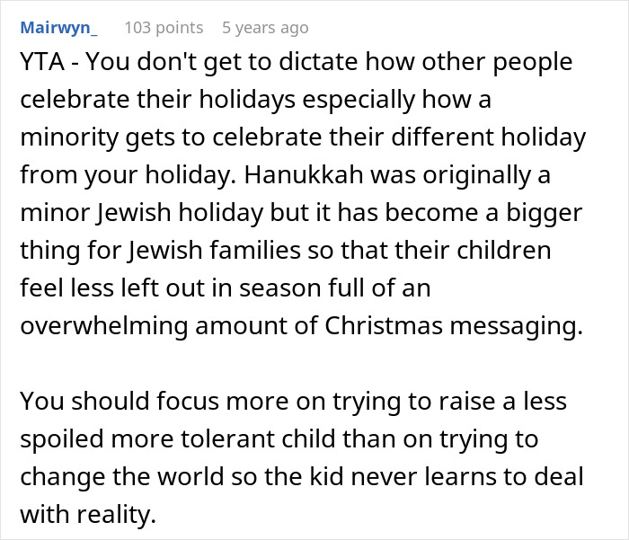 Comment discussing a dad demanding his family skip Hanukkah gifts due to his son's tantrum and being spoiled.
