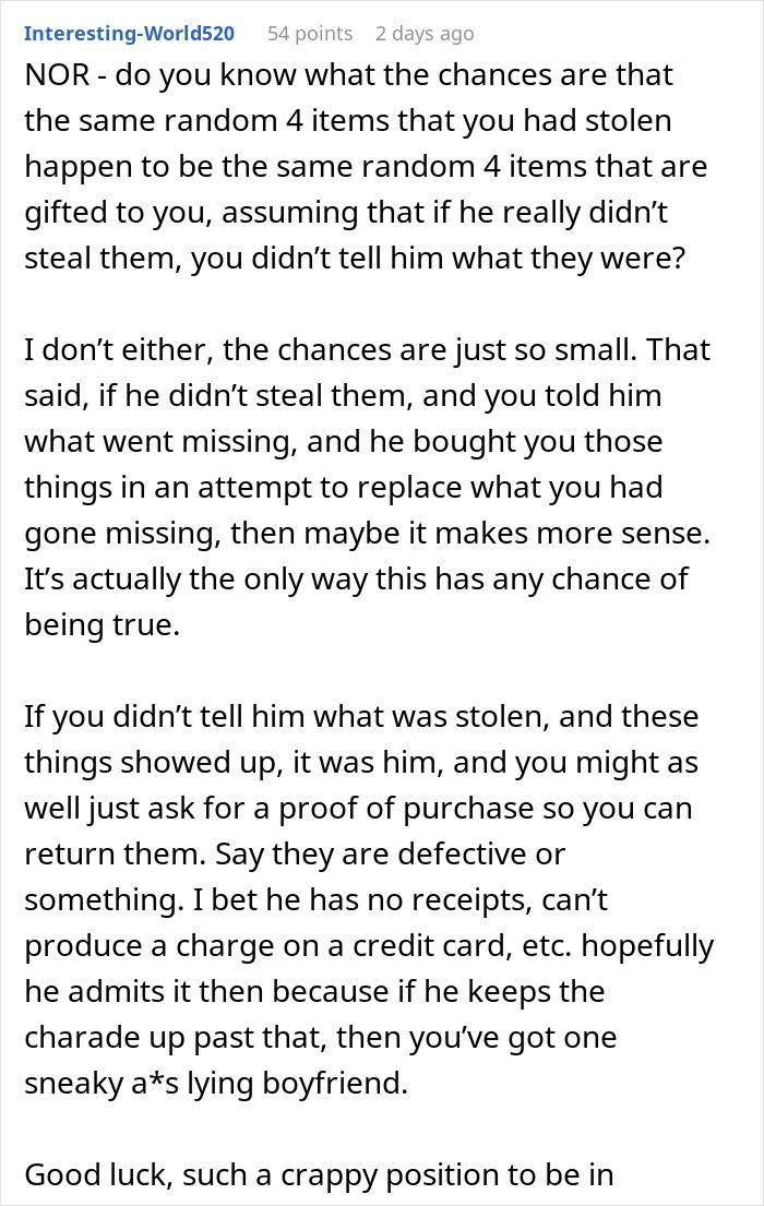 Woman confused about Christmas gifts from boyfriend matching exact items that went missing earlier, showing doubt and suspicion.