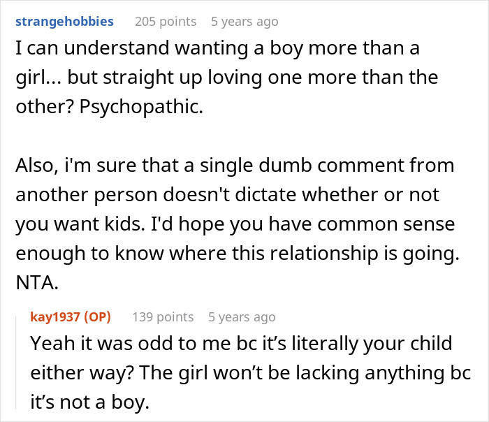 Screenshot of online discussion about boyfriend’s comment on loving boys more, highlighting relationship concerns and future kids. Screenshot of online discussion about boyfriend’s comment on loving boys more, highlighting relationship concerns and future kids.