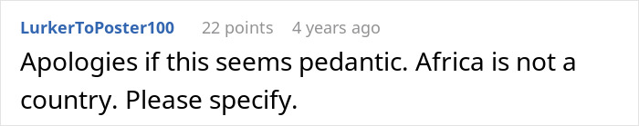 Comment by user LurkerToPoster100 questioning the statement Africa is a country, asking for clarification.