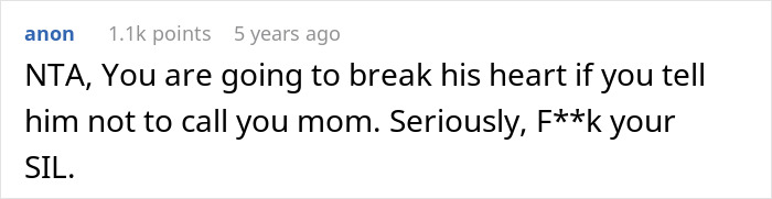 Screenshot of a Reddit comment discussing a woman allowing her nephew to call her mom, upsetting his biological mother.