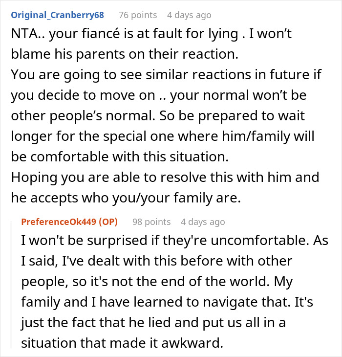 Reddit discussion about a woman rethinking her engagement after fianc&eacute;&rsquo;s lie about her family causes tension at holiday dinner.