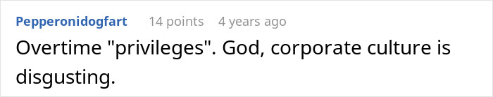 Screenshot of a Reddit comment discussing corporate culture and overtime privileges in a coffee shop worker story.