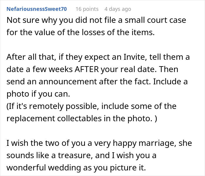 Man cuts off parents after their revenge over his plan for a small wedding, sharing advice and well wishes online. Man cuts off parents after their revenge over his plan for a small wedding, sharing advice and well wishes online.