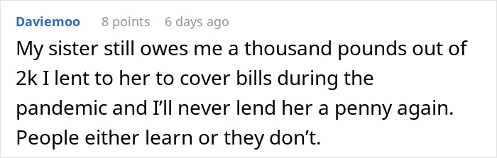 Forum screenshot of a comment about a sister owing money, accompanying story caption: Lady shuts down ATM