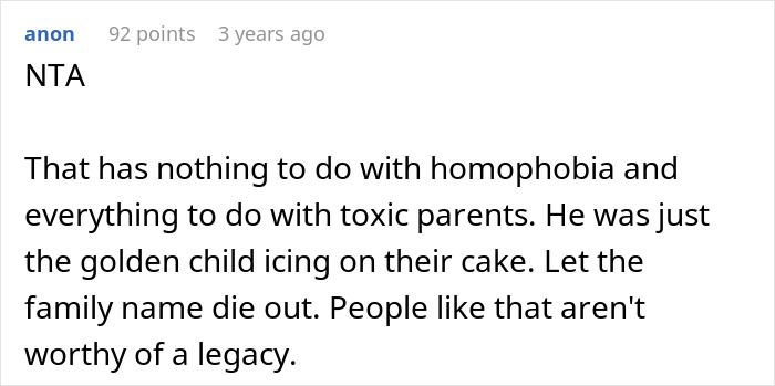 Screenshot of an online comment discussing toxic parents and family legacy in a gay bro and sister family conflict.