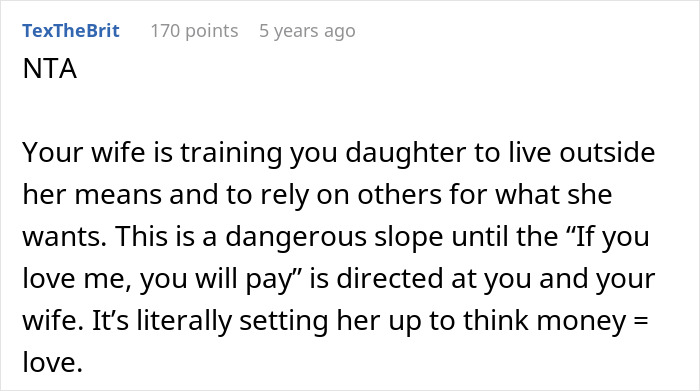 Comment criticizing wife for teaching daughter to treat boyfriend like a personal ATM, warning about enabling harmful money equating love. Comment criticizing wife for teaching daughter to treat boyfriend like a personal ATM, warning about enabling harmful money equating love.