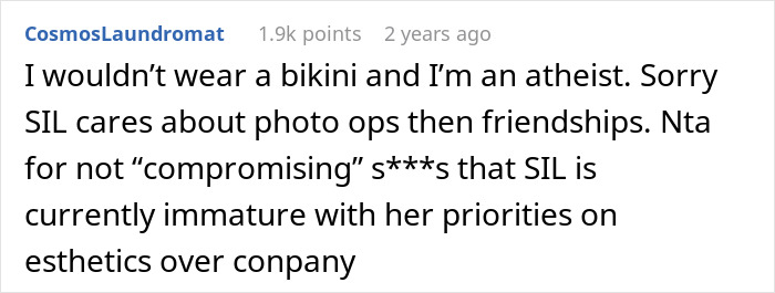 Screenshot of an online comment discussing a Muslim daughter-in-law refusing to wear a bikini at a bridal party.