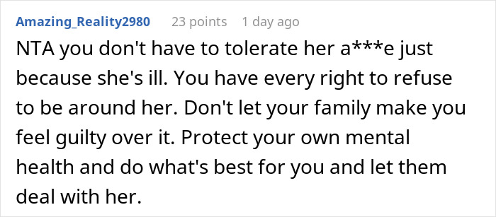 Screenshot of a Reddit comment advising not to tolerate threats and prioritizing mental health in family conflicts.