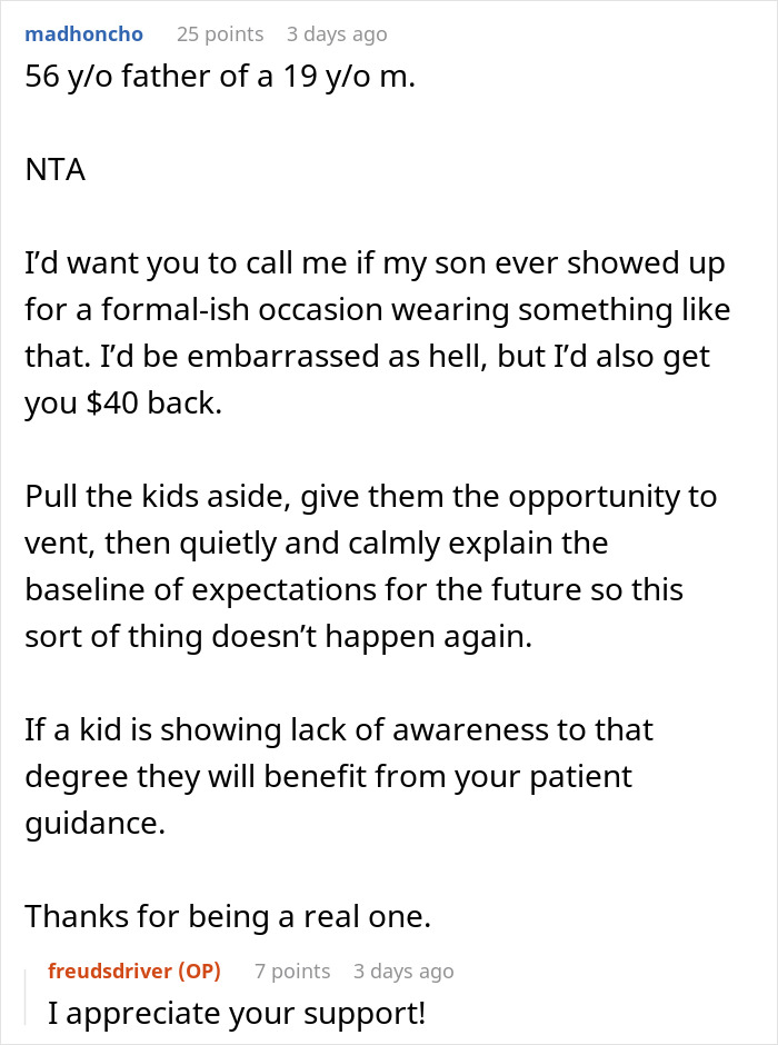 Screenshot of a Reddit comment discussing inappropriate shirt worn as a dare to dinner with girlfriend&rsquo;s parents.