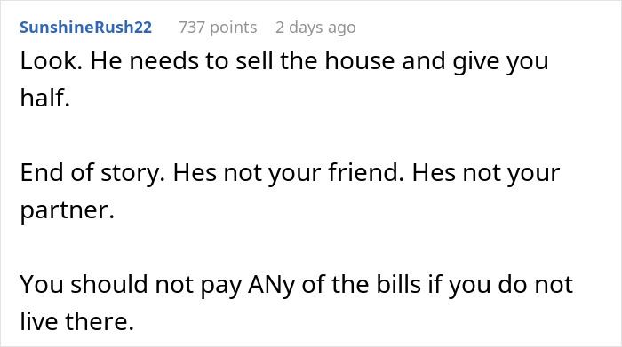 Text post from SunshineRush22 advising that after divorce, one should not pay bills if not living in the house, highlighting regrets and reality check.