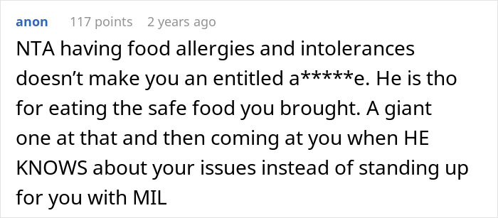 Screenshot of an online comment discussing a husband's family calling a woman picky eater despite her allergies and food restrictions.