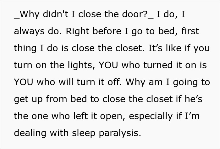 Text message discussing closing the closet door and frustration over sleep paralysis from leaving it open.