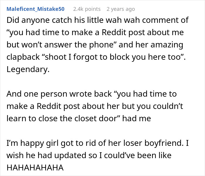 Reddit comments showing a guy venting about closing his girlfriend's closet door and her public clap back dumping him.