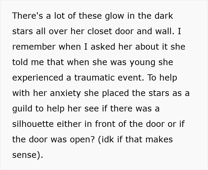 Text describing a glow in the dark stars on a closet door, linked to anxiety and a past traumatic event.