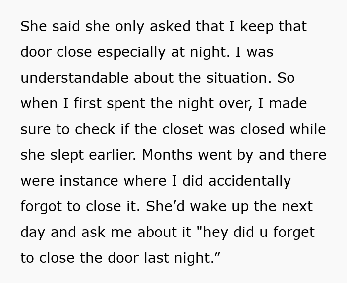 Text conversation explaining a guy forgetting to close his girlfriend&rsquo;s closet door and her confronting him about it.
